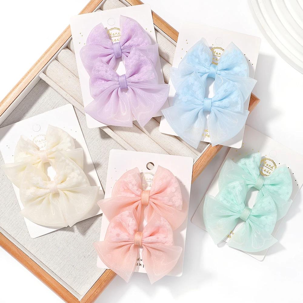 2pcs/set Lovely Lace Bows Hair Clips for Girls Sweet Solid Color Gauze Clip Soft Hairpins Pink Princess Kids Hair Accessories