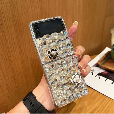 Роскошный блестящий чехол для телефона со стразами и кристаллами для Samsung Galaxy Z Flip 5 4 3 DIY с жемчугом и камелией, прозрачная жесткая задняя крышка из ПК