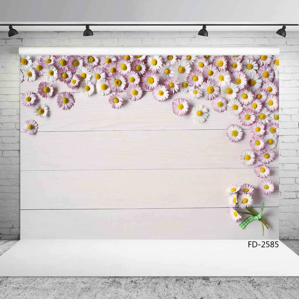 White Daisy Wooden Wall Photographic Backgrounds Vinyl Cloth Photo Shootings Backdrops for Baby Children Wedding Photo Studio