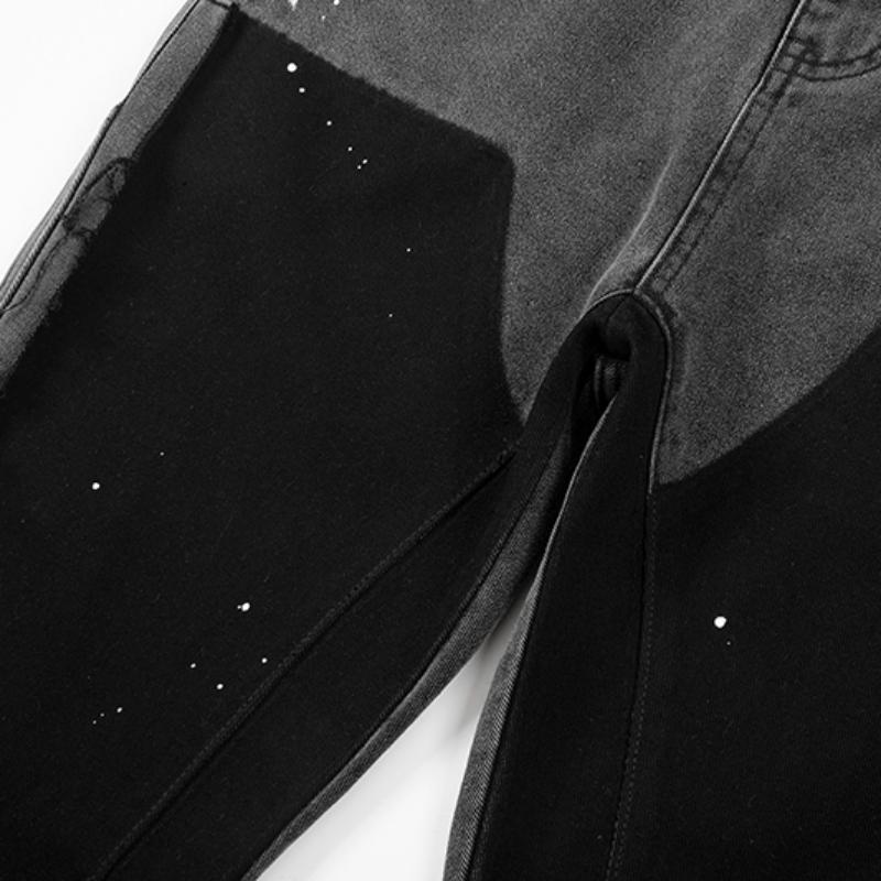 Мужские уличные джинсы Трендовая одежда Пятнистые чернильные цвета Мешковатые джинсы Пэчворк Джинсы с бахромой Свободные рога