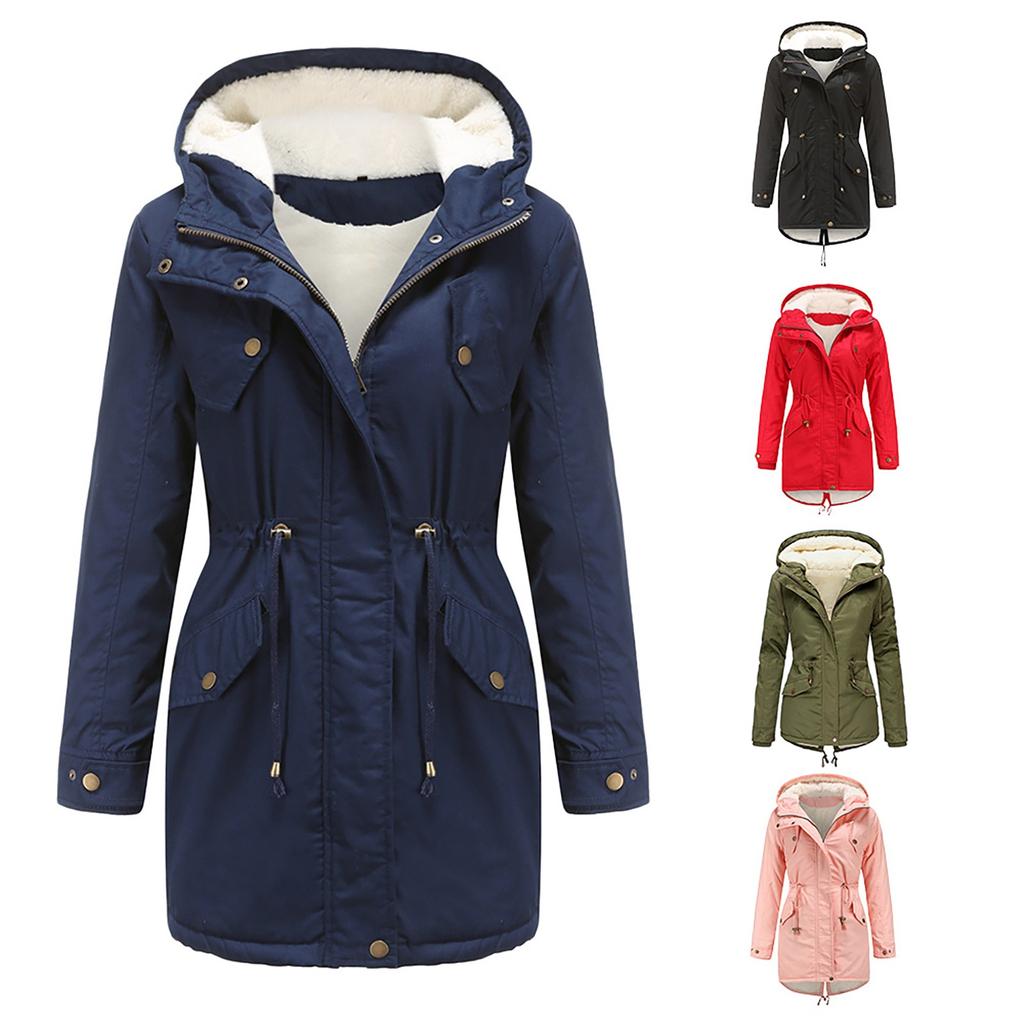 Women Drawstring Hoodie Coat  Warm Inside Fleece Padded Coat Slim Zipper Coat