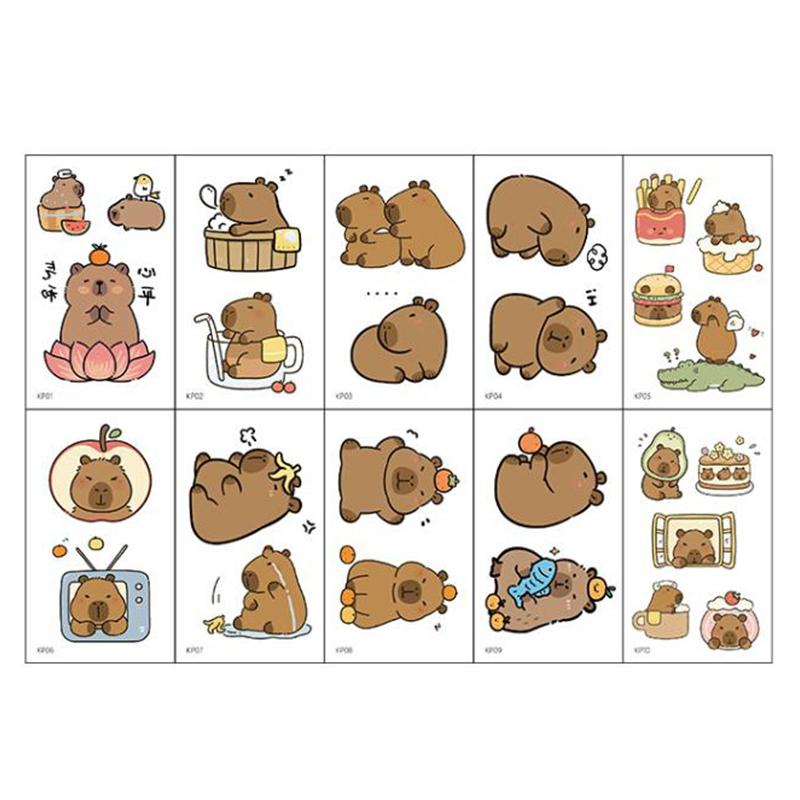 10 листов временных татуировок Capybara наклейки для детей Капибара День рождения Товары для вечеринок Украшения Поддельные татуировки Сувениры для вечеринок