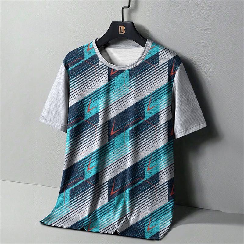 Men's Fashion Striped 3D Printed T-shirt, Summer Outdoor Comfortable Running Top, Personalized Casual Short Sleeved Sports Shirt