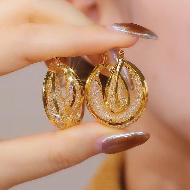 Light Luxury, Niche Design, Unique Temperament, Earrings, High-end Fashion, Hollowed Out Mesh, Circle Ear Buckle