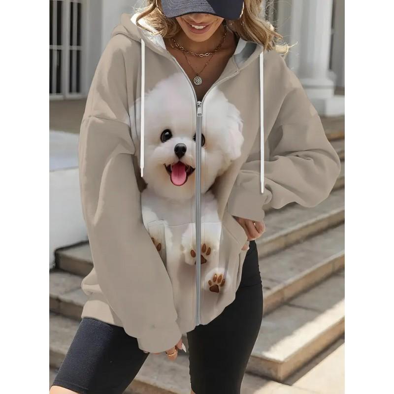Womens Winter Zip-Up Hooded Sweatshirt With Animal Print Digital Casual Streetwear