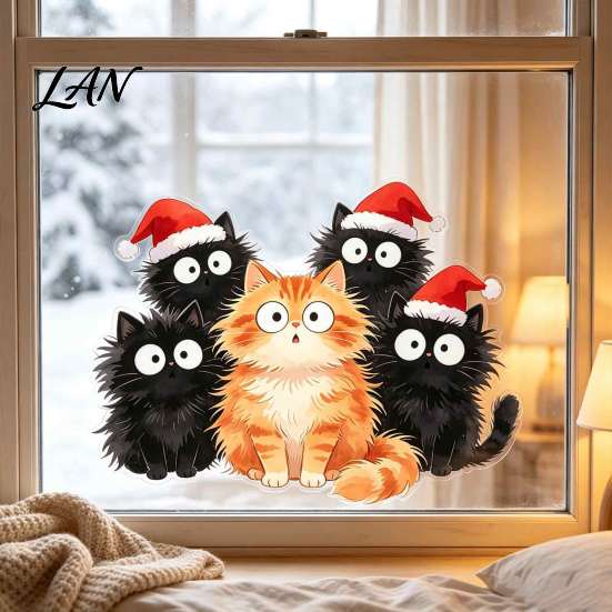 Durable Sunproof Glass Stickers Christmas Window Cling, Cartoon Cats Sticker with Santa Hat, Removable Indoor Outdoor Holiday Decor PVC Static