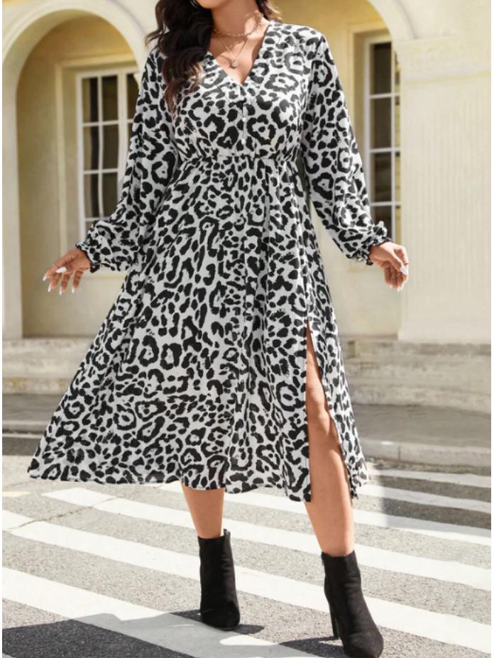 Элегантное платье большого размера с леопардовым принтом и V-образным вырезом для весны и осени