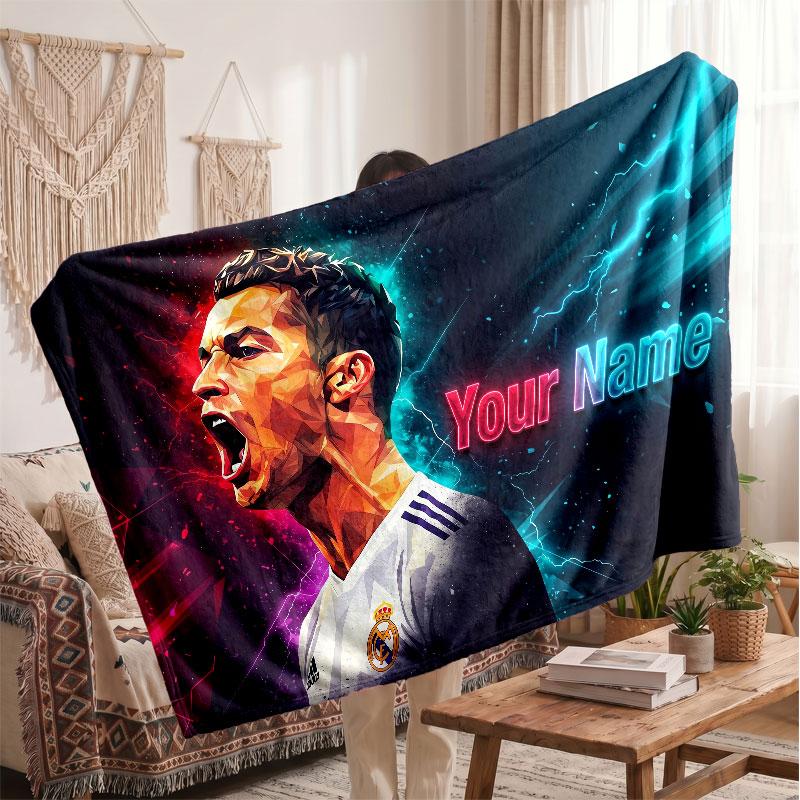 Cristiano Ronaldo Personalized Fleece Blanket With Football Logo, Custom Name Text Soft Warm Home Throw Blanket