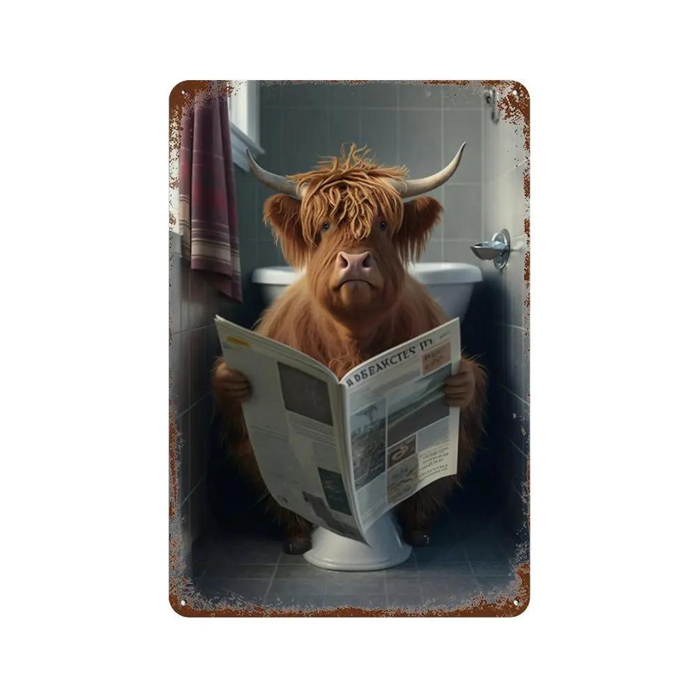 Забавная ванная комната, юмористический декор в виде животных, медведь, собака, тигр, сидящий на унитазе, читающий плакат, художественная металлическая жестяная вывеска, табличка для туалета, дома