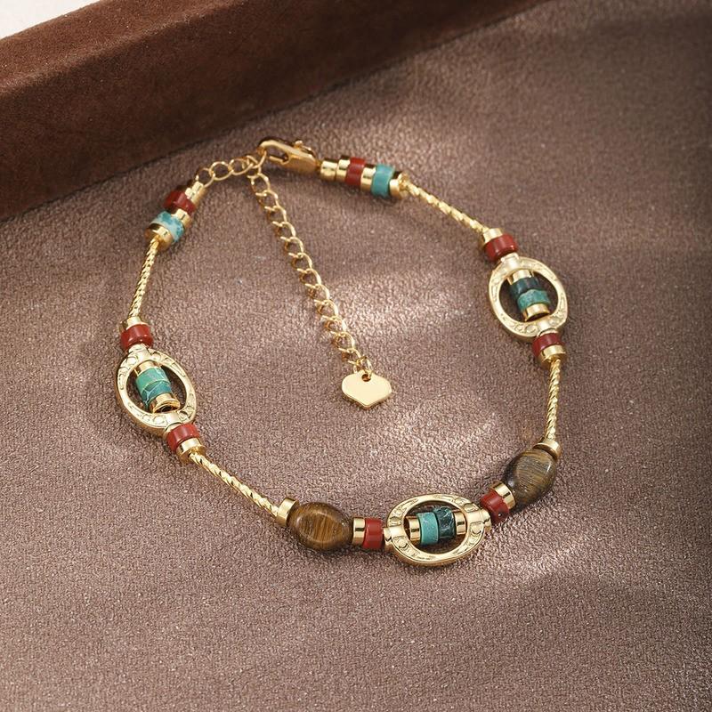 Boho Chic Geometric Stone Beaded Bracelet With Gold-Tone Metal Accents Vintage-Inspired Womens Handmade Jewelry