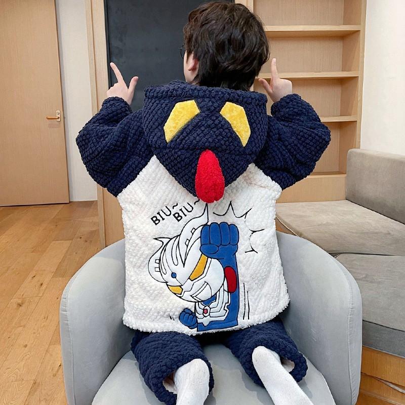 Thickened 3-Layer Cotton Padded Winter Boys Pajamas Set Coral Fleece Warm Sleepwear Kids Ages 8