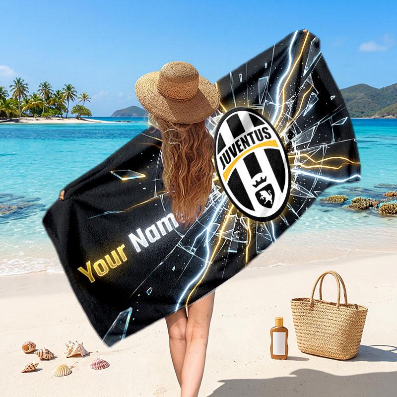 Juventus FC Custom Beach Towel, Personalized Name Text Print, Football Logo Soft Quick‑Dry Towel Holiday Gift