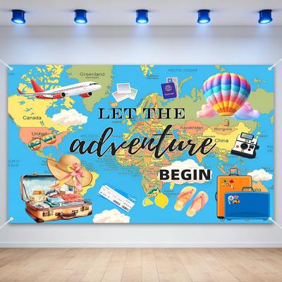 Adventure Awaits Backdrop Let The Adventure Begin Decorations, World Map Travel Theme Party Background with Grommets and Ribbon 70x40in, Polyester