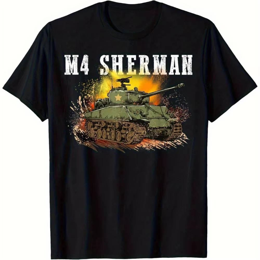 Футболка с графическим принтом танка M4 Sherman времен Второй мировой войны Хлопковая повседневная футболка с круглым вырезом для мужчин и женщин Идеально подходит для активного отдыха и энтузиастов военной техники