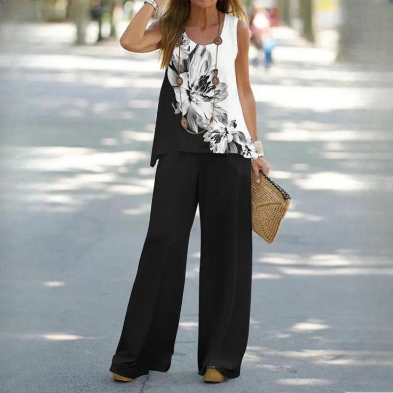 BITCED Женский повседневный топ из двух частей с принтом и брюками на резинке на талии, женский костюм