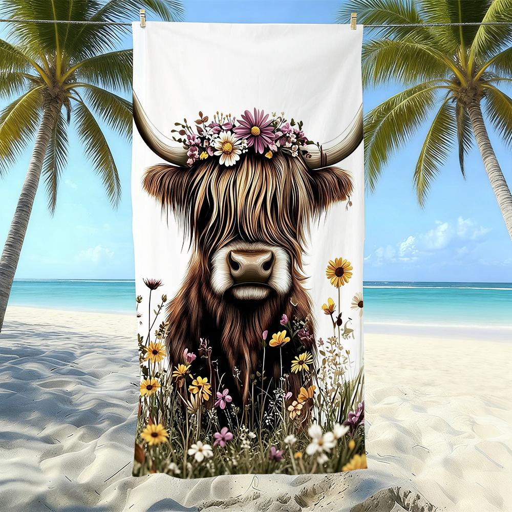European And American Retro Highland Beef Printing Beach Towel Microfiber Thickened Water Absorption Quick Drying Outdoor Bath Towel