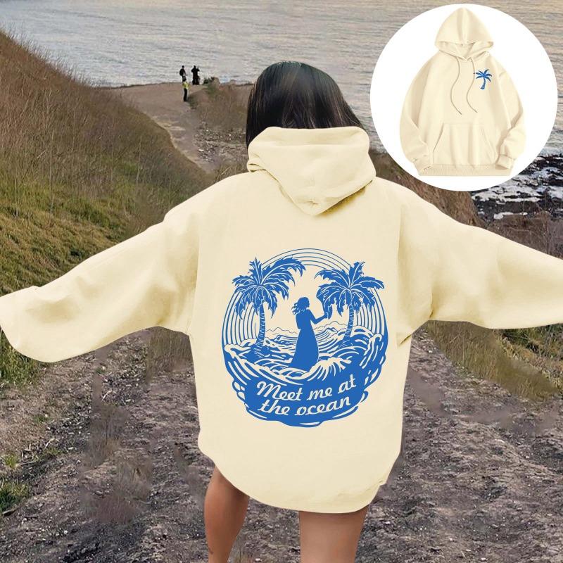 Женские толстовки с изображением пальмы Meet Me At The Ocean с принтом букв Толстовки-пуловеры с длинными рукавами Женская уличная толстовка с капюшоном