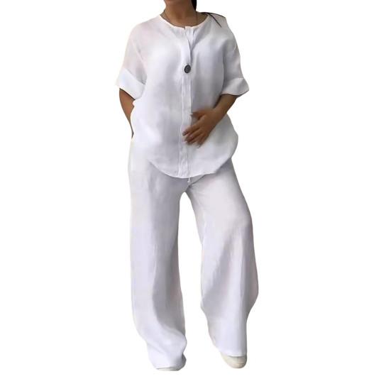 2 Pcs/Set Blouse Pants Set V Neck Long Sleeves Button Decor Top Wide Leg Loose Drawstring Elastic Waist Trousers OL Commute Casual Homewear Outfit