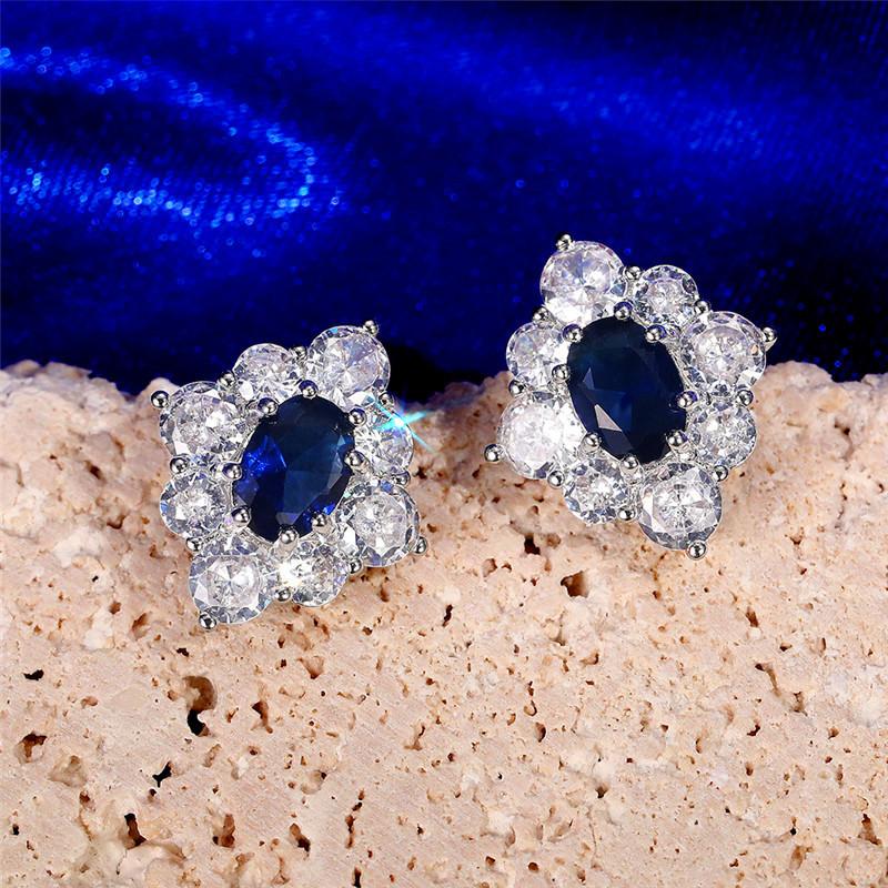 Серебряные овальные серьги-гвоздики с сапфиром из кубического циркония и ореолом, серьги с имитацией синего драгоценного камня для женщин