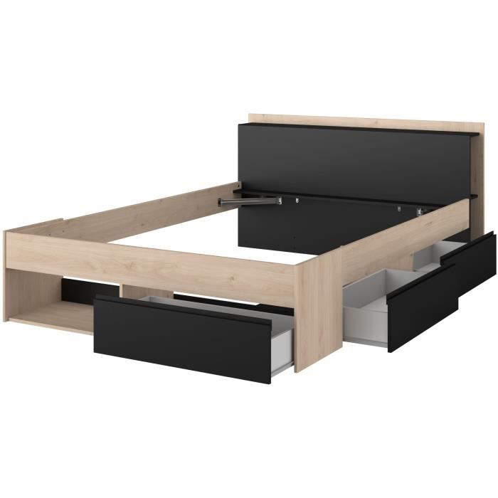 Взрослая кровать КОМБО 160x200 см - Дуб и черный - 3 ящика - PARISOT