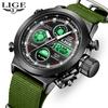 LIGE Original Watches for Men Fashion LED Dual Display Luminous Nylon Electronic Watch Alarm Clock Week Quartz Mens Reloj