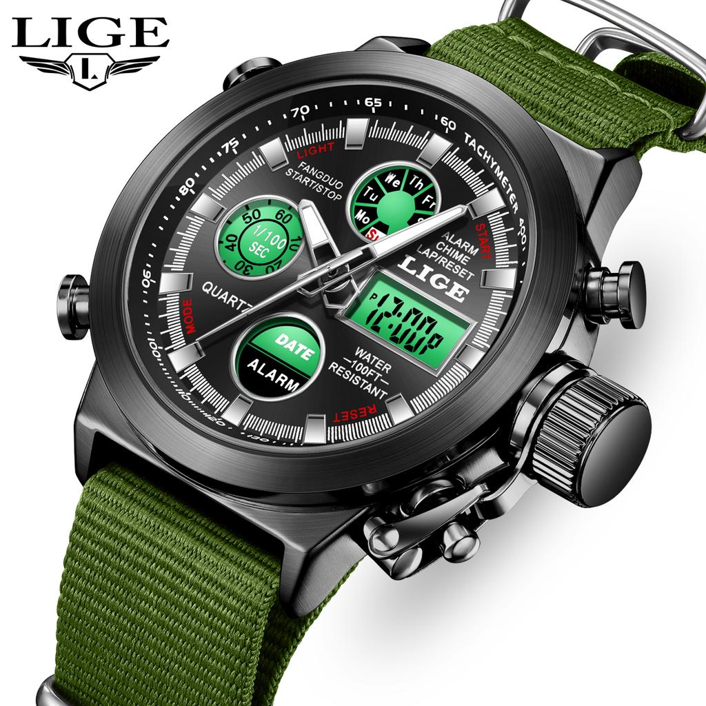 LIGE Original watches for men fashion LED dual display luminous nylon electronic watch alarm clock week quartz mens reloj