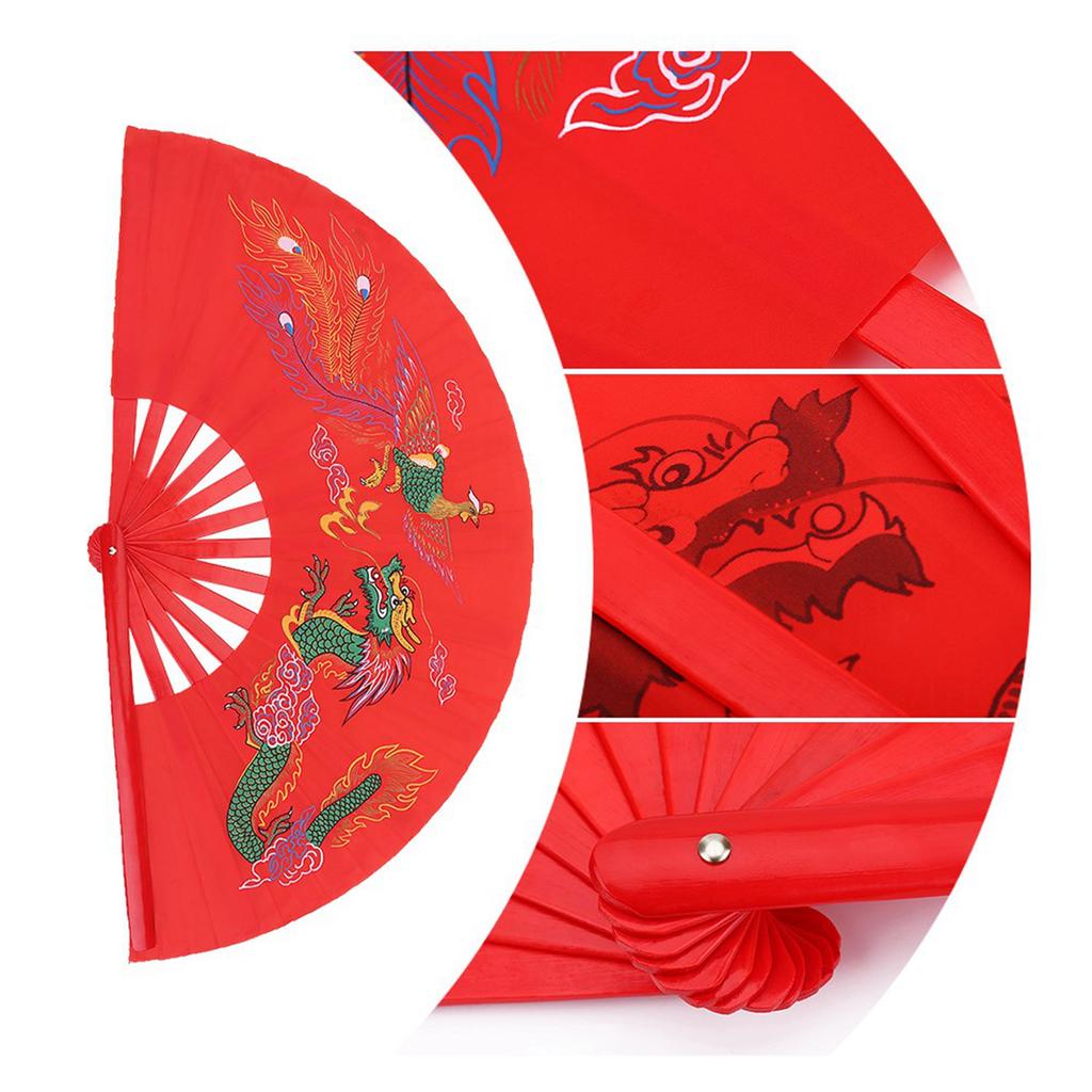 Red Tai Chi Martial Arts Kung Fu Bamboo Fan Right Hand Wushu Dance Practice Training