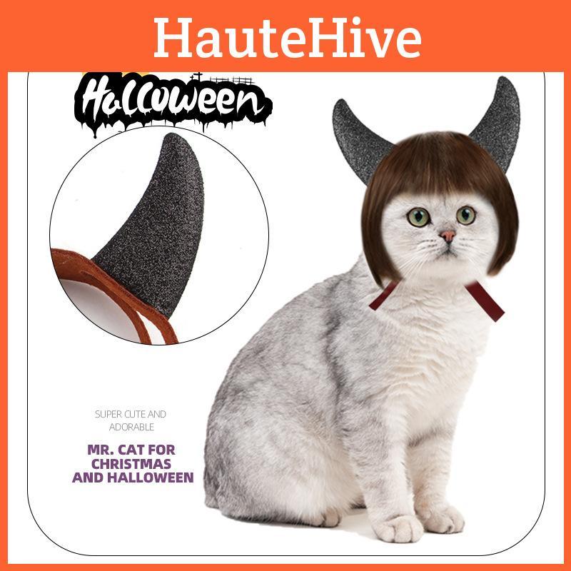 Cute Black And Red Horned Wig Set For Pets Featuring A Trendy Bob Haircut
