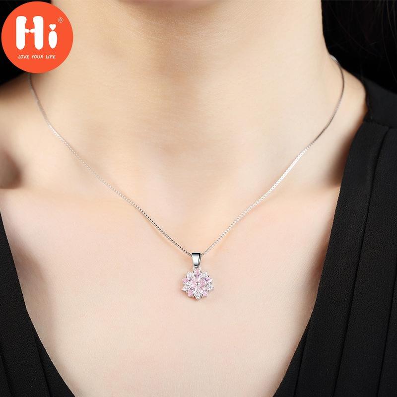Hi Pink Clear Crystal Zircon Cherry Blossom Flower Chain Necklace For Women Girl Choker