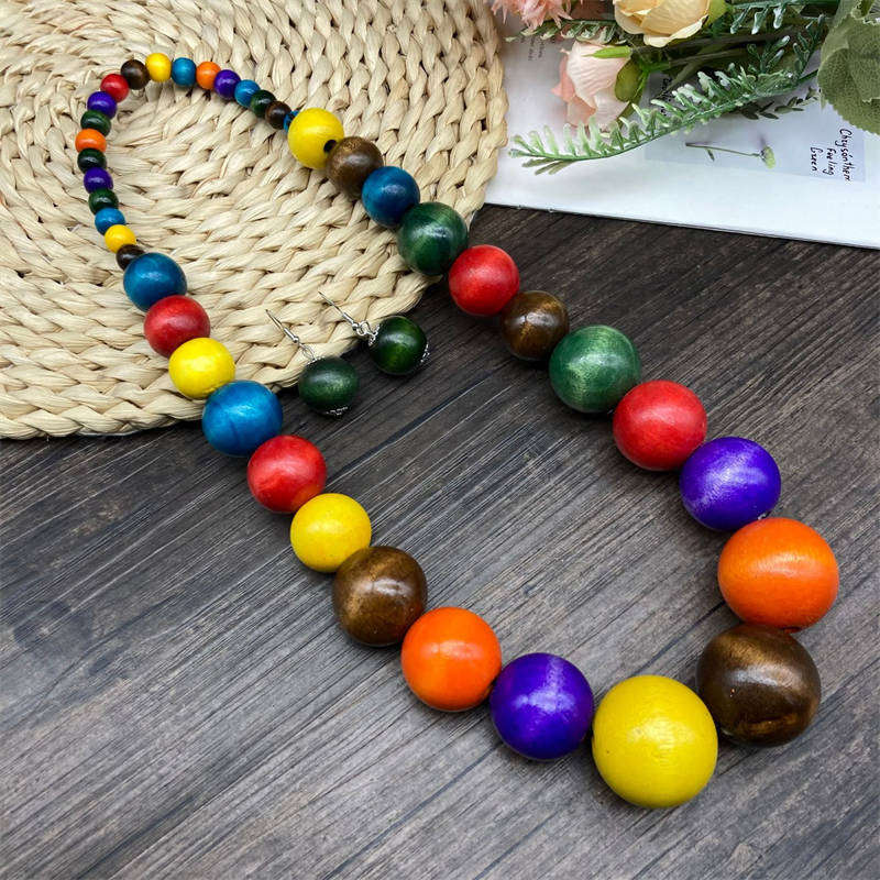 Exaggerate Suite Fashion Bohemian Style Wooden Bead Necklace Earrings Suite Vacation Style