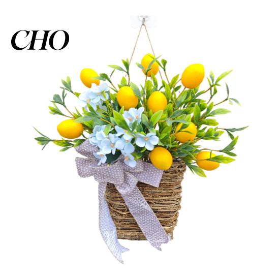 Home Decoration Wreath Yellow Lemon Door Hanger Basket for Front Artificial Fruits Flower Spring Summer with Woven Farmhouse Porch Wall Decor Floral