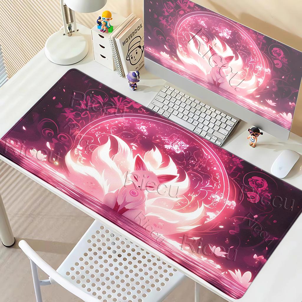 Pink Fox Mouse Mat Anime Mythical Style Mousepad Natural Rubber Gaming Table Pad Extended Nonslip Office Computer Mouse Desk Mat