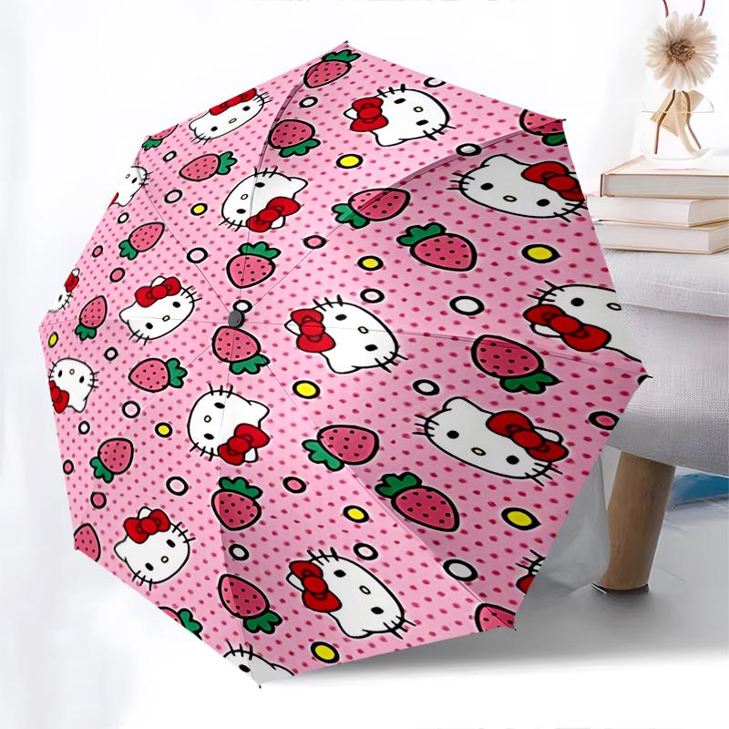 1pc Hello Kitty Strawberry Patterned Automatic Opening/Closing Umbrella with Convenient Three-Fold Design, 8-Bone Iron Frame, Outdoor, Ideal Gift for