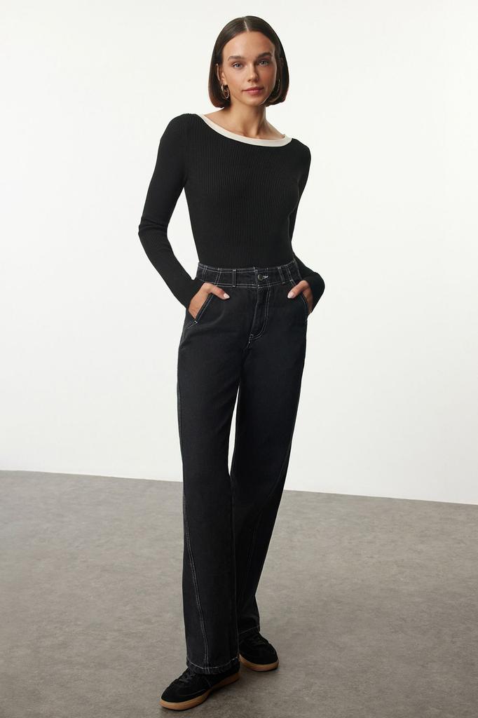 Женский модный стильный свитер с норковым воротником и детальным трикотажным свитером