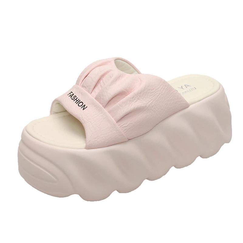 Мода 8,5 см Новые шлепанцы на платформе Женские Летние Уличные На высоком каблуке Кожаные Массивные Сандалии Повседневные С открытым носком Вьетнамки Пляжные Туфли на танкетке