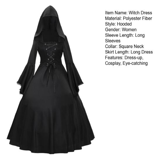 Women Gothic Hooded Witch Dress Vintage Medieval Victorian Dress Halloween Renaissance Cosplay Gown for Makeup Parties Role-Playing