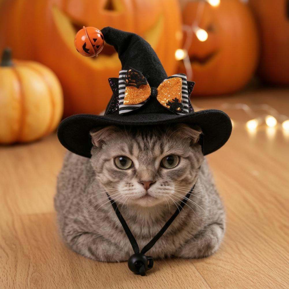 Small Dog Hat Halloween Cat Hat with Pumpkin Bell Sequined Bow Festive Pet Costume Small Dog Party Accessory for Halloween