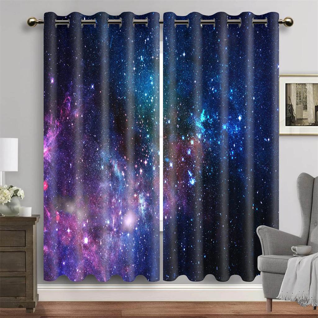Purple Blue Galaxy Space Universe Stars Starry Window Curtains For Living Room Kids Bedroom Bathroom Kicthen Door Home Decor2Pcs