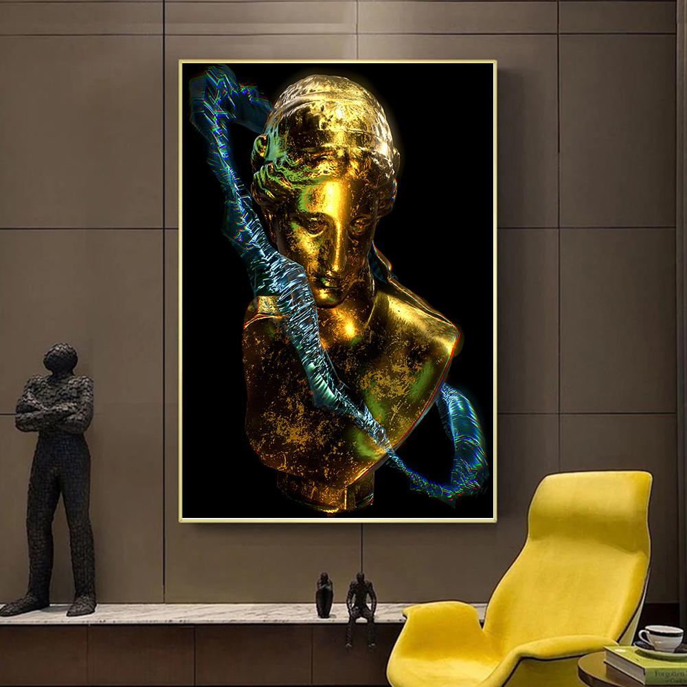Golden Women Portrait Sculpture Nordic Art Luxury Artwork Abstract Canvas Painting Posters Prints Living Room Wall Pictures Modern Home Decor Cuadros