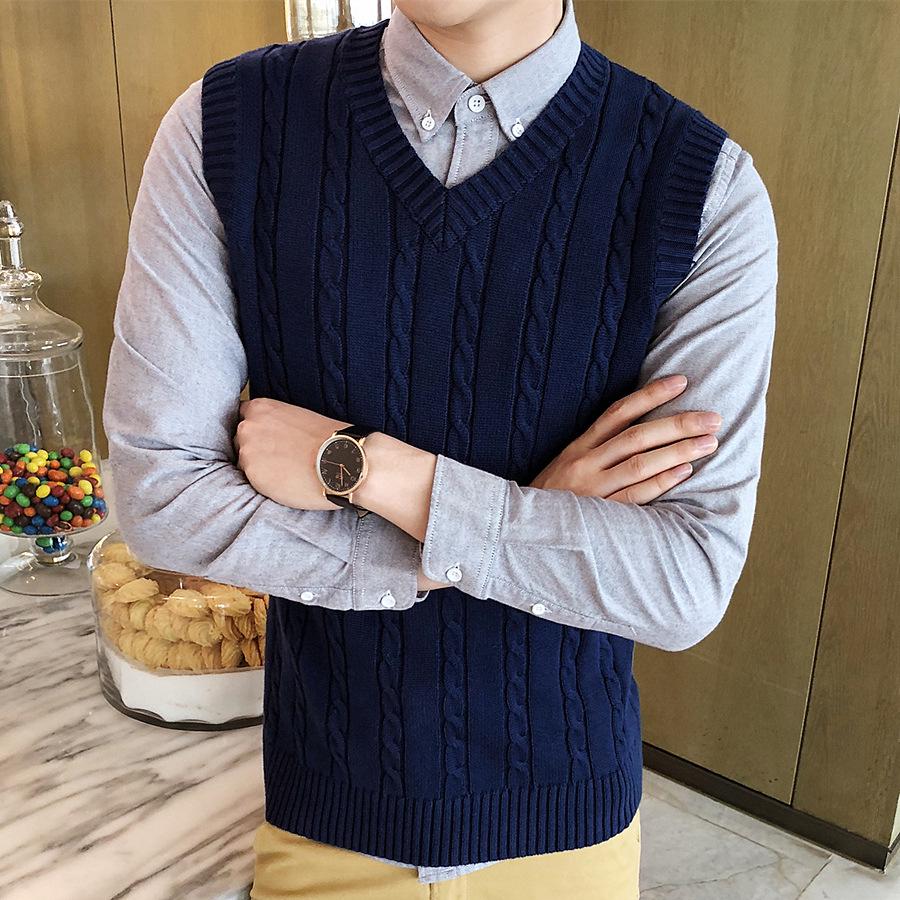 Мужской шерстяной жилет с V-образным вырезом - без рукавов, толстый трикотажный жилет для осени/зимы