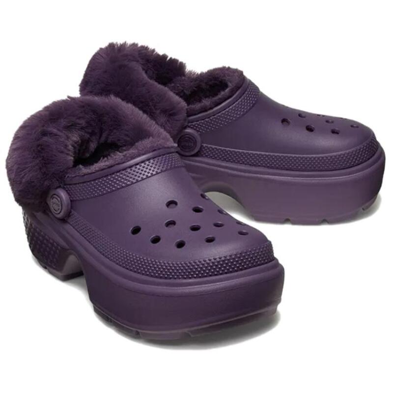 Crocs EVA Модные Мягкие и Теплые Туфли с Отверстиями Женские Насыщенного Фиолетового Цвета Ирис Плюшевая часть не снимается