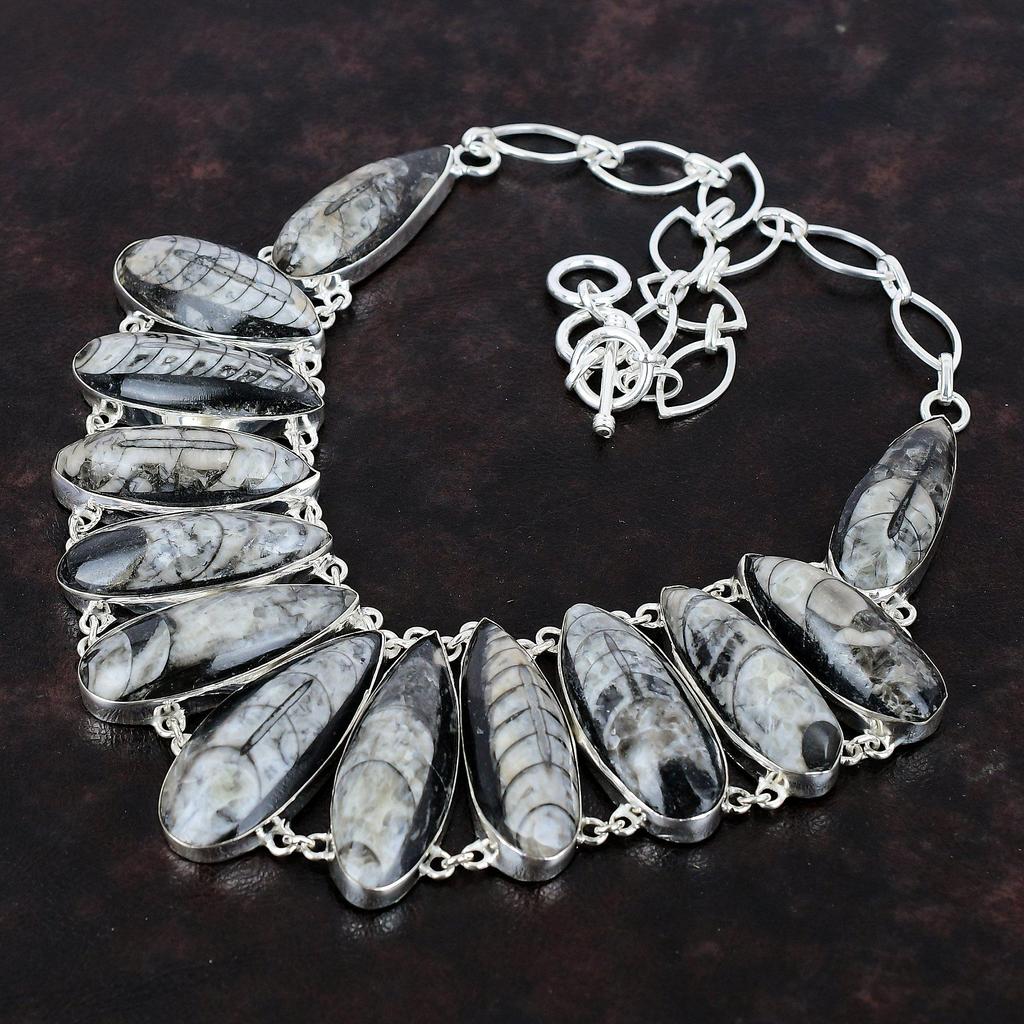 Orthoceras Ископаемое ожерелье Ожерелье из драгоценного камня Ожерелье из стерлингового серебра 925 пробы Регулируемая цепочка Ожерелье Антикварные ювелирные изделия ручной работы Подарок для матери