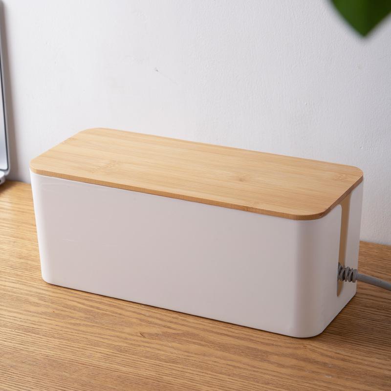 Cable Storage Box with Natural Bamboo Cover Plastic Power Strip Desktop Socket Line Organized Home Office Cable Management