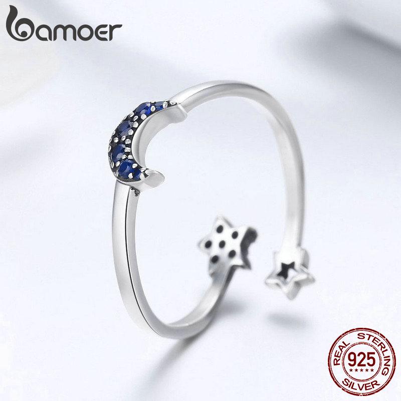BAMOER Real 925 Sterling Silver Sparkling Blue Moon Star Clear CZ Finger Rings for Women Wedding