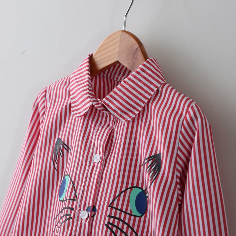 Children Turn-down Collar Embroidery Cartoon Cat Pattern Long Sleeve Shirts Blouse Outfits
