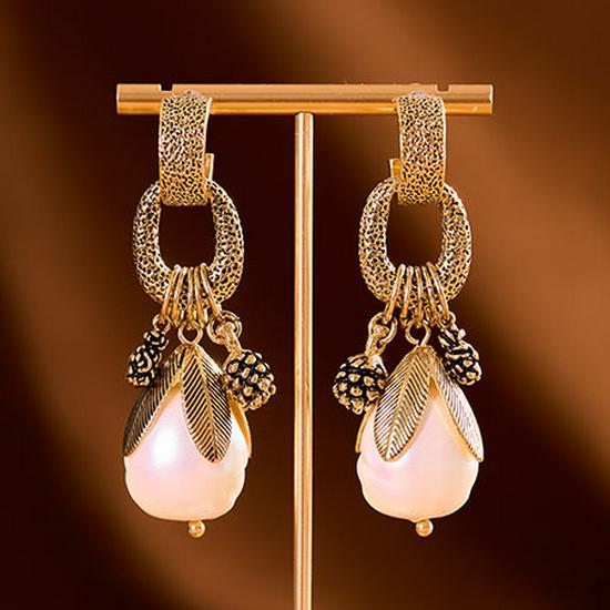 Pearl Earrings with Pine Cone & Leaf Design | Retro Fashion Round Rings | Elegant Dangle Style