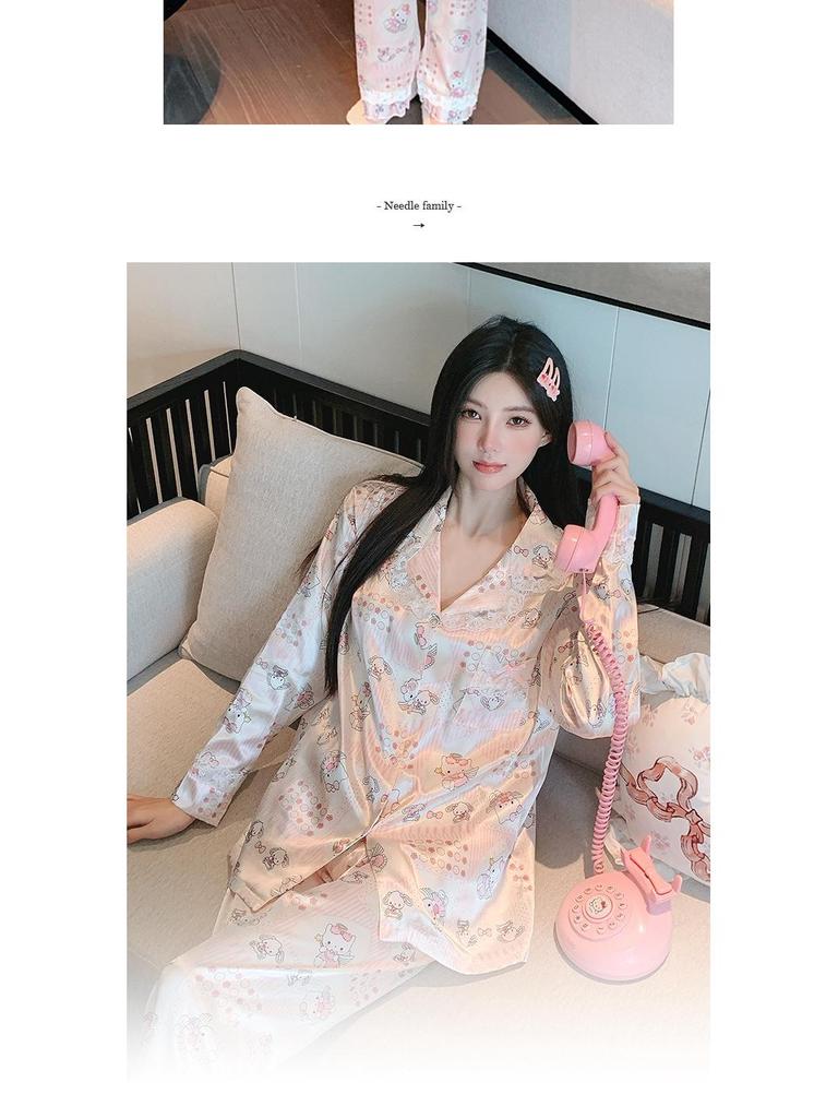 Japanese Sweet Ins Ice Silk Pajamas Set for Women - Light Luxury, Long Sleeve, Long Pants, Suitable for Spring and Autumn/Homewear.