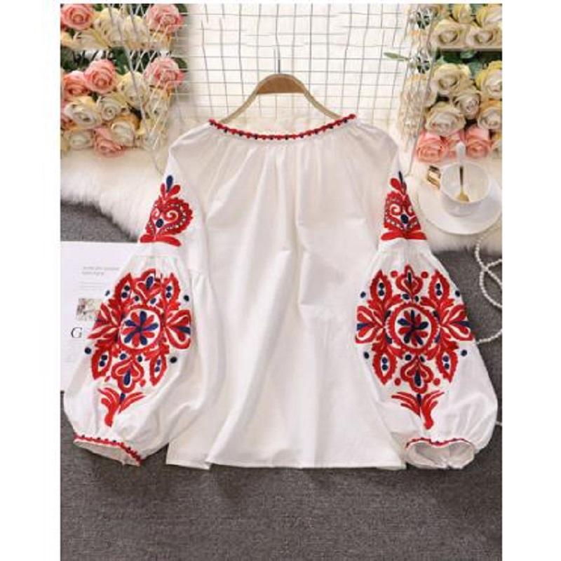 Милый стиль женские пуловеры рубашки вышитые пэчворк бандаж V-образный вырез рукав фонарь весна лето блузка