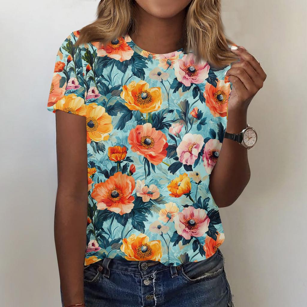 Women's Fashion Casual Printed Round Neck Short Sleeved T-Shirt Top T-Shirt Top Top