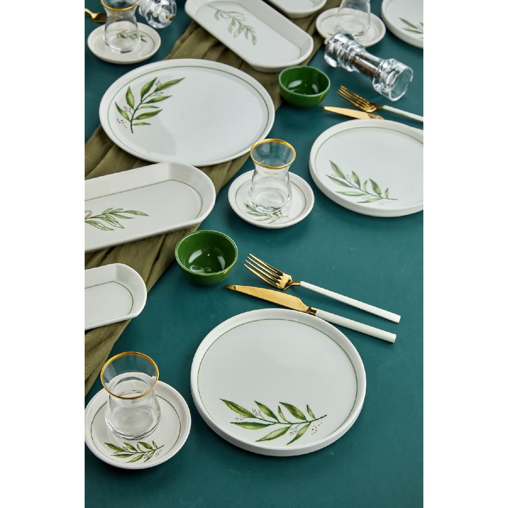 Botanical Green Camellia Leaf Patterned Luxury Ceramic 14 Piece Breakfast Set For 6 Persons